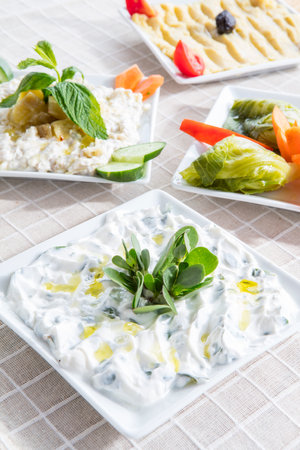 Tzatziki with cucumber, carrot, potato and herbsの写真素材