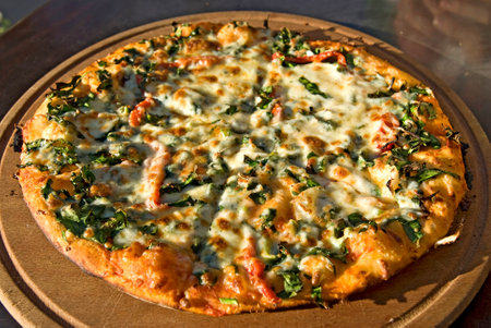 Pizza with salmon, mozzarella cheese and arugulaの写真素材
