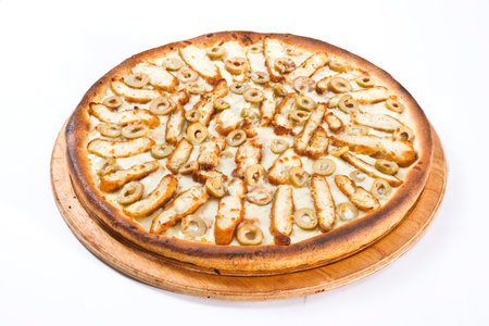 Pizza with mushrooms on a wooden plate on a white background.の写真素材