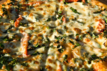 Pizza with salmon, spinach and mozzarella cheese close upの写真素材