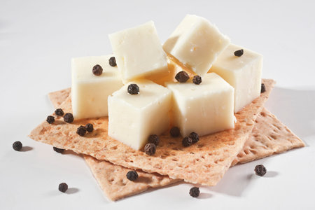 Cheese with black pepper on crackers on a white background.