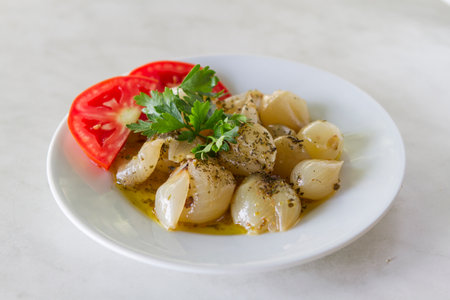 Gnocchi with tomato and parsley on a white plateの写真素材