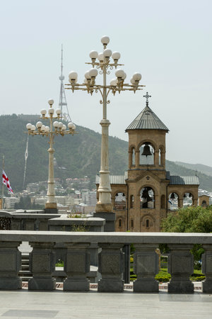 Holy Trinity Cathedral or Tsminda Sameba Church aerial panoramic view in Tbilisi old town. Tbilisi is the capital and the largest city of Georgia, lying on the banks of the Kura River.の写真素材
