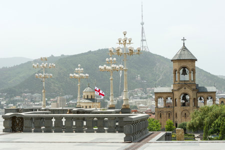 Holy Trinity Cathedral or Tsminda Sameba Church aerial panoramic view in Tbilisi old town. Tbilisi is the capital and the largest city of Georgia, lying on the banks of the Kura River.の写真素材