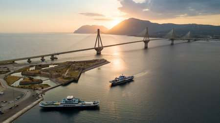 The Rio-Antirrio Bridge, officially the Charilaos Trikoupis Bridge, longest multi-span cable-stayed bridges and longest of the fully suspended type, Greeceの写真素材