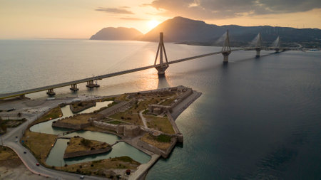 The Rio-Antirrio Bridge, officially the Charilaos Trikoupis Bridge, longest multi-span cable-stayed bridges and longest of the fully suspended type, Greeceの写真素材