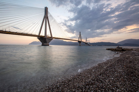The Rio-Antirrio Bridge, officially the Charilaos Trikoupis Bridge, longest multi-span cable-stayed bridges and longest of the fully suspended type, Greeceの写真素材