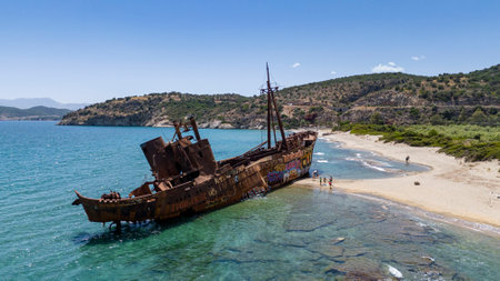 Valtaki beach with Dimitrios Shipwreck. Attractive summer scene of Peloponnese peninsula, Greece, Europe.の写真素材