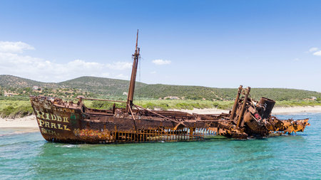 Valtaki beach with Dimitrios Shipwreck. Attractive summer scene of Peloponnese peninsula, Greece,...