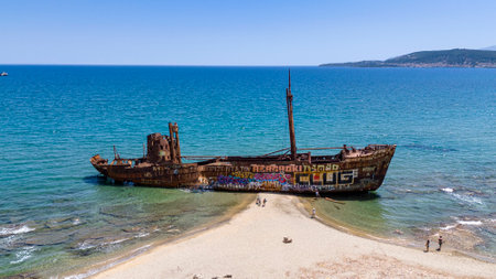 Valtaki beach with Dimitrios Shipwreck. Attractive summer scene of Peloponnese peninsula, Greece, Europe.の写真素材
