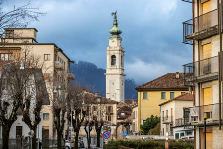 Old Building with a tower on a sunny summer day at Arabba, Livinallongo del Col di Lana, Belluno,...