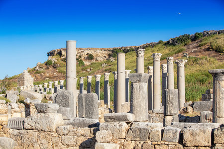 Nymphaeum of Perge. Ruins of ancient Pamphylian city located in Antalya Province, Turkey. Statue of...