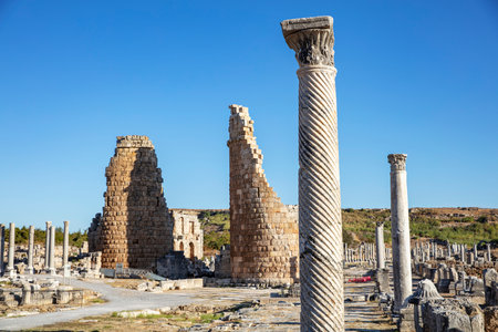 Nymphaeum of Perge. Ruins of ancient Pamphylian city located in Antalya Province, Turkey. Statue of Kestros, river god.の写真素材