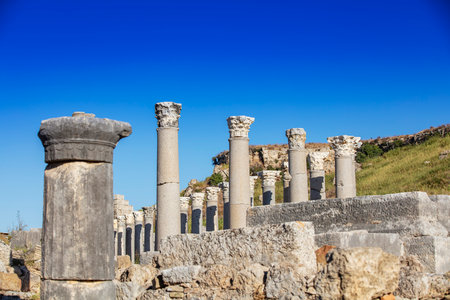 Nymphaeum of Perge. Ruins of ancient Pamphylian city located in Antalya Province, Turkey. Statue of Kestros, river god.の写真素材
