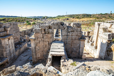 Nymphaeum of Perge. Ruins of ancient Pamphylian city located in Antalya Province, Turkey. Statue of Kestros, river god.の写真素材
