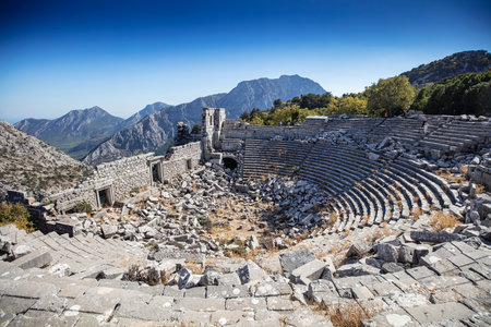 The roman theater in the ruins of the city of termessos in the mountains near antalya near the mediterranean coast of anatolia- termessos, antalya, turkeyの写真素材