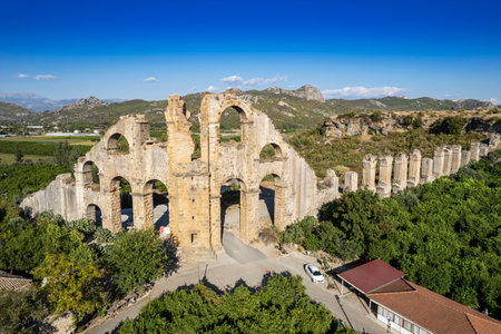 Roman Theater of Aspendos: Aspendos Ancient City. Aspendos acropolis city ruins, cisterns, aqueducts and old temple. Aspendos Antalya Turkeyの写真素材