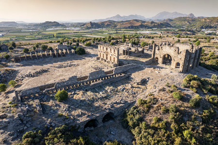 Roman Theater of Aspendos: Aspendos Ancient City. Aspendos acropolis city ruins, cisterns, aqueducts and old temple. Aspendos Antalya Turkeyの写真素材