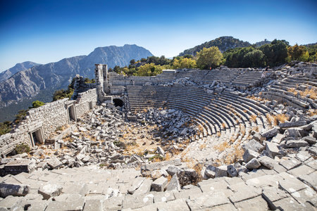 The roman theater in the ruins of the city of termessos in the mountains near antalya near the mediterranean coast of anatolia- termessos, antalya, turkeyの写真素材