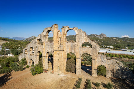 Roman Theater of Aspendos: Aspendos Ancient City. Aspendos acropolis city ruins, cisterns, aqueducts and old temple. Aspendos Antalya Turkeyの写真素材