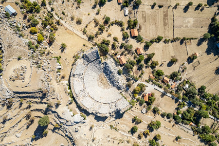 Drone photo of remains of Altinkaya Amphitheater. Roman theater of Selge, Antalya Province, Turkey.の写真素材