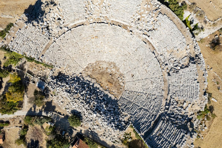 Drone photo of remains of Altinkaya Amphitheater. Roman theater of Selge, Antalya Province, Turkey.の写真素材