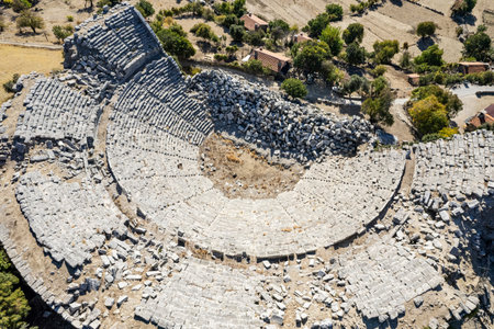 Drone photo of remains of Altinkaya Amphitheater. Roman theater of Selge, Antalya Province, Turkey.の写真素材