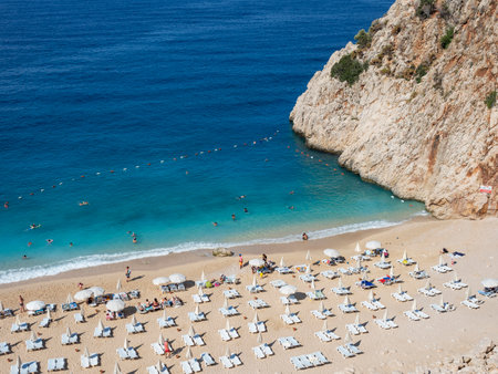 View over Kaputas beach near Kalkan resort town of Antalya province in Turkey. The sandy little cove of Kaputas is about 7 km east of KalkanCAMERAの写真素材