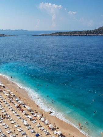 View over Kaputas beach near Kalkan resort town of Antalya province in Turkey. The sandy little cove of Kaputas is about 7 km east of KalkanCAMERAの写真素材