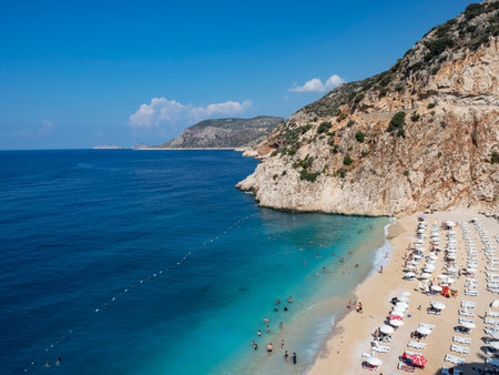 View over Kaputas beach near Kalkan resort town of Antalya province in Turkey. The sandy little cove of Kaputas is about 7 km east of KalkanCAMERAの写真素材