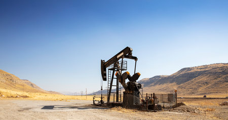 The change in oil prices caused by the war. Oil prices are rising because of the global crisis. Oil drilling derricks at desert oilfield. Crude oil production from the ground. Petroleum production.の写真素材