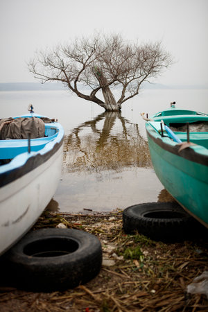 Boat on the shore of lake Balaton in Hungary, Europeの写真素材