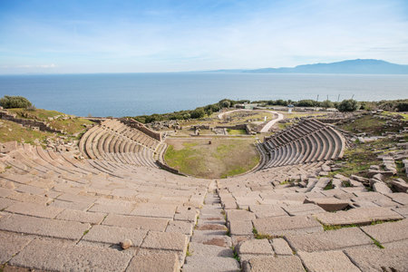 The Temple of Athena ruin in Assos Ancient City. The temple in Assos was built in 530 BC on the...