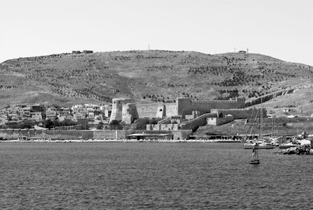Bodrum Castle in Mugla, Turkey. Black and white photo.