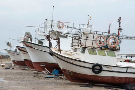 Fishing boats in the port of Essaouira, Moroccoの写真素材