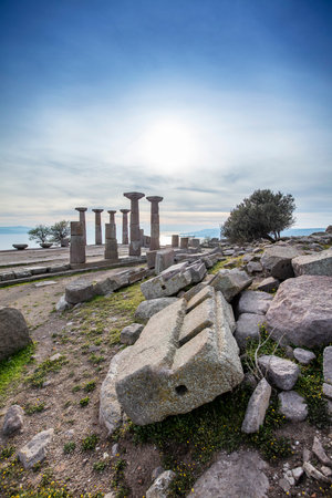 The Temple of Athena ruin in Assos Ancient City. The temple in Assos was built in 530 BC on the highest place of the Acropolis. Canakkale, Turkey.の写真素材