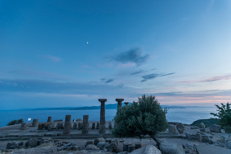 The Temple of Athena ruin in Assos Ancient City. The temple in Assos was built in 530 BC on the highest place of the Acropolis. Canakkale, Turkey.の写真素材