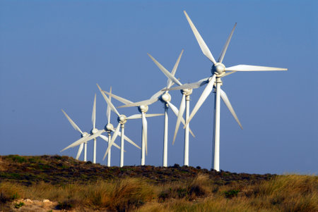 Windmills for electric power production, Zaragoza Province, Aragon, Spain.の写真素材