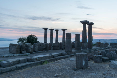 The Temple of Athena ruin in Assos Ancient City. The temple in Assos was built in 530 BC on the...