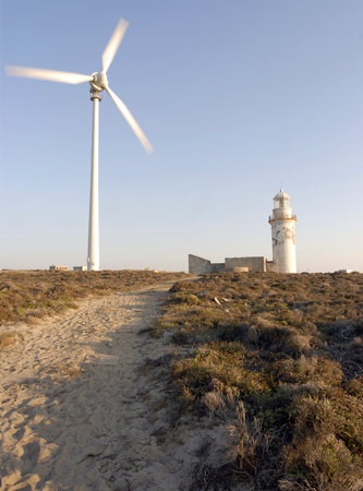 Wind turbines on the dunes of Cabo de Gata, Spainの写真素材