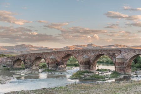 Cobandere Stone Bridge (Ãobandere Bridge) Drone Photo in the Winter Season, Erzurum Turkey (Turkey)の写真素材