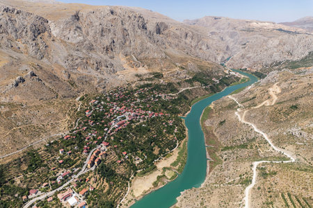 Aerial landscape view of Kemaliye or Egin town, Euphrates River and Apcaga village in Erzincan Turkey Turkeyの写真素材