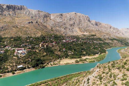 Aerial landscape view of Kemaliye or Egin town, Euphrates River and Apcaga village in Erzincan Turkey Turkeyの写真素材