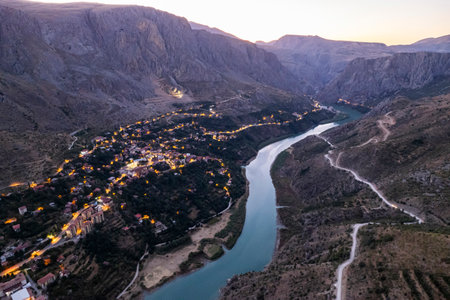 Aerial landscape view of Kemaliye or Egin town, Euphrates River and Apcaga village in Erzincan Turkey Turkeyの写真素材