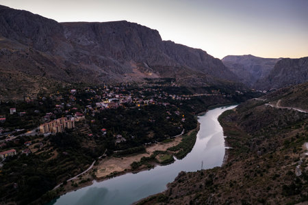 Aerial landscape view of Kemaliye or Egin town, Euphrates River and Apcaga village in Erzincan Turkey Turkeyの写真素材
