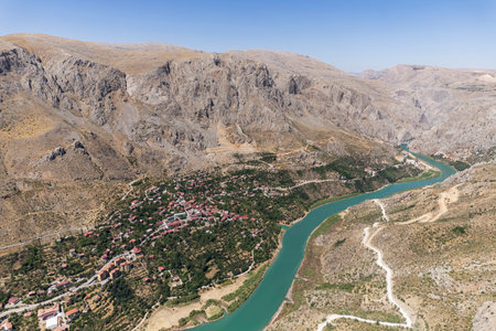 Aerial landscape view of Kemaliye or Egin town, Euphrates River and Apcaga village in Erzincan Turkey Turkeyの写真素材