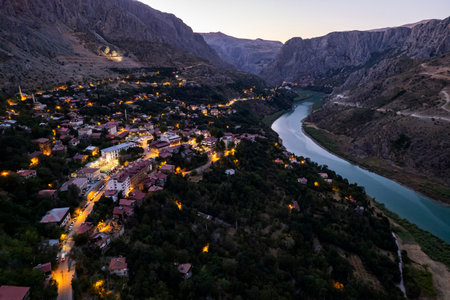 Aerial landscape view of Kemaliye or Egin town, Euphrates River and Apcaga village in Erzincan Turkey Turkeyの写真素材
