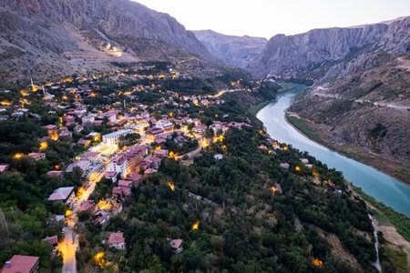 Aerial landscape view of Kemaliye or Egin town, Euphrates River and Apcaga village in Erzincan Turkey Turkeyの写真素材