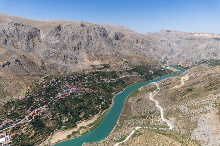 Aerial landscape view of Kemaliye or Egin town, Euphrates River and Apcaga village in Erzincan Turkey Turkeyの写真素材