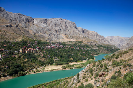Aerial landscape view of Kemaliye or Egin town, Euphrates River and Apcaga village in Erzincan Turkey Turkeyの写真素材